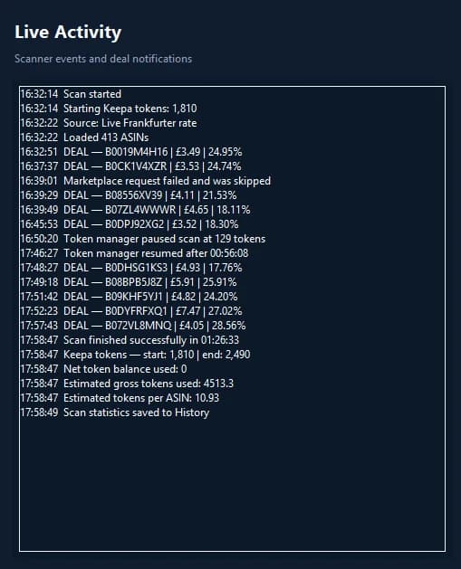 Live activity feed from an Amazon EU product scan