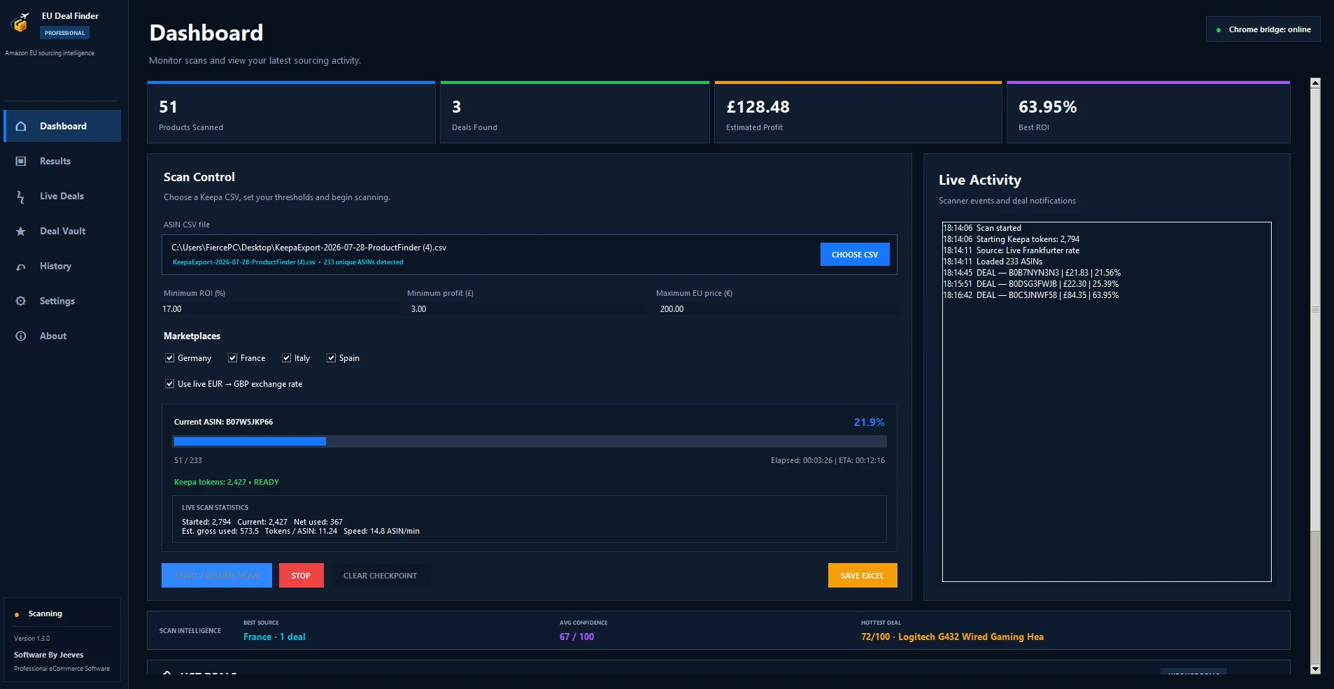 Deal Finder dashboard and scan controls